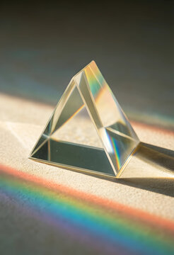Light refraction and physics concept, glass prism splitting white light into rainbow spectrum on a textured surface with soft shadows and bright glow