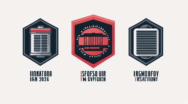 Three modern hexagonal badges showing a clipboard document icon, a central barcode emblem with red accent, and a vent-like grille badge, conveying precision and technical confidence