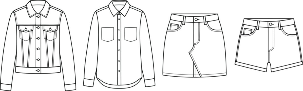 Set of casual denim clothing fashion sketches including a jacket shirt skirt and shorts as technical flat drawings for apparel design and clothing manufacturing