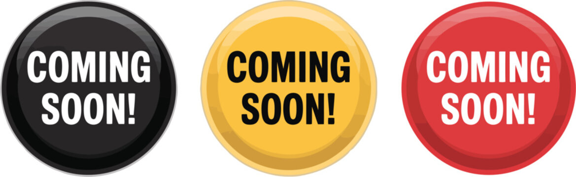 Coming Soon Sticker Badge, Round Promotional Label with Banner for Product Launch, Marketing Campaigns, Advertising, Sales Announcements, Business Promotion, and Commercial Branding.