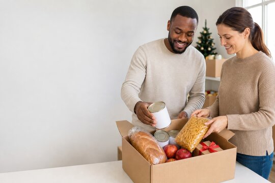 Christmas Food Donation Box with Man and Woman Packing Supplies