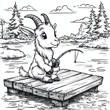 smiling young goat fishing on a wooden raft in a peaceful lake with pine trees clouds and rocky shore