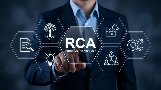 Businessman pointing at a digital interface representing root cause analysis with various icons