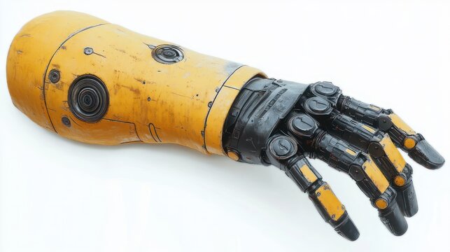 Detached yellow and black mechanical prosthetic forearm with articulated robotic hand, worn and utilitarian, evoking futuristic resilience