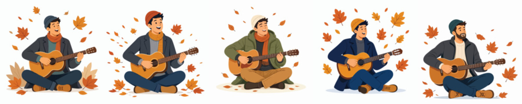 vector flat of a man sitting on floor playing guitar autumn fall leaves atmosphere