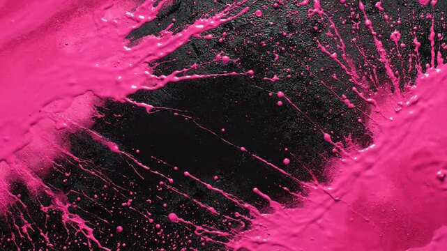 Pink paint splashing on black textured surface