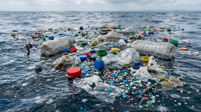 Plastic waste and bottles floating in ocean water