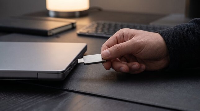 Hand inserts metal flash drive into modern silver laptop port on dark desk surface for file transfer or data storage