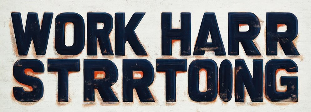 Worn navy block letters on white painted wood sign reading 'WORK HARR STRR TONG', two-line distressed typography with gritty, determined motivational feeling