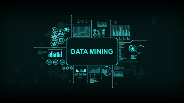 Data mining concept infographic with animated hud interface and digital analytics charts for business intelligence and technology presentations