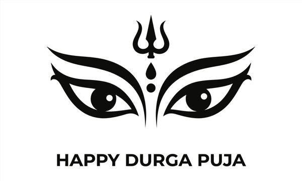 Goddess durga eyes with trishula symbol, traditional indian festival graphic for happy durga puja greeting card, vector illustration
