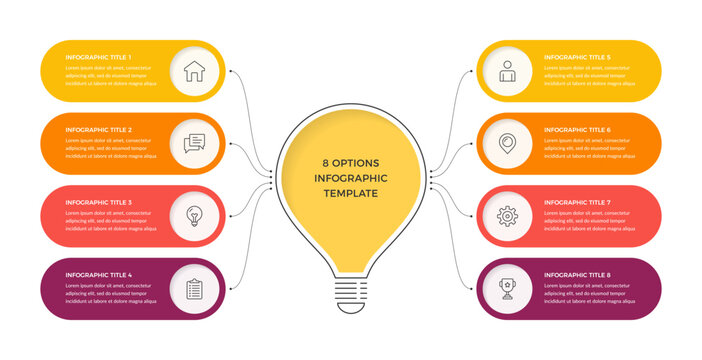 Infographic template with eight rounded banners radiating outward from a central lightbulb, useful for presenting ideas, options, or categories