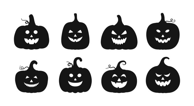 Set of eight Halloween pumpkin silhouettes with various spooky and happy expressions