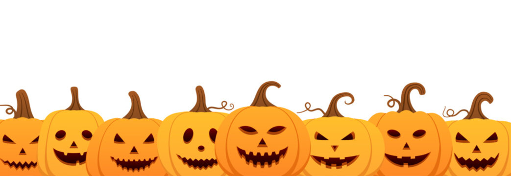Horizontal row of carved jack-o-lantern pumpkins