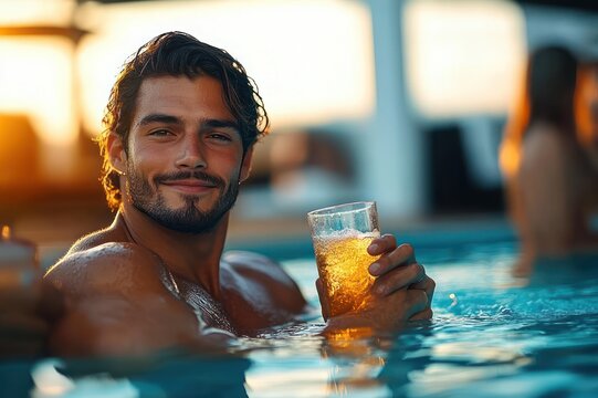 Man relaxing in a swimming pool at golden hour holding a cold amber drink, sunlit shimmering water and carefree summer mood with blurred figures in background