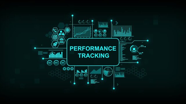Performance tracking hud interface with digital analytics data and business metrics infographic animation