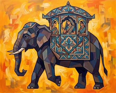 Vibrant stylized painting of Indian women riding a decorated elephant in a howdah