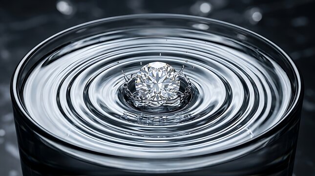 Cut diamond resting in the center of concentric water ripples