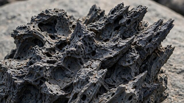 Dark porous volcanic rock showing sharp jagged textures and natural formations