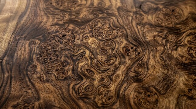 Rich Walnut Burl Wood Grain Texture, Natural Dark Brown Wood Pattern, Organic Swirls and Knots, Luxury Material Background