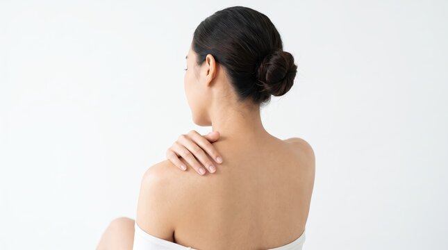Rear view of young woman touching her shoulder indicating pain or discomfort, representing muscle tension, stress relief needs, physiotherapy, massage therapy, self-care routine