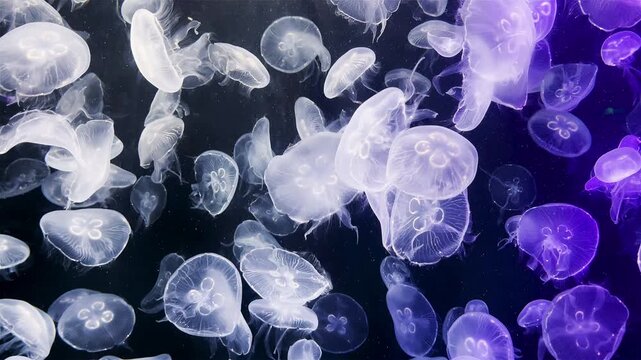 Group of white jellyfish swimming gracefully in a dark aquarium tank.