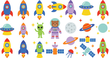 Set of cute outer space elements with colorful rockets bear astronaut alien and planets vector illustration © PNGSTORE
