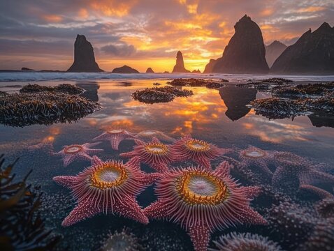 Vibrant star-shaped sea anemones clustered in a tidepool reflecting a golden sunset, with seaweed-covered rocks and distant sea stacks under a dramatic sky conveying serene wonder