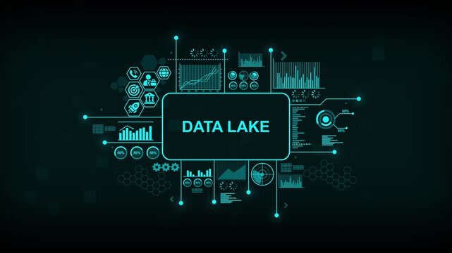 Data lake digital interface concept with animated analytics charts and network infographics big data