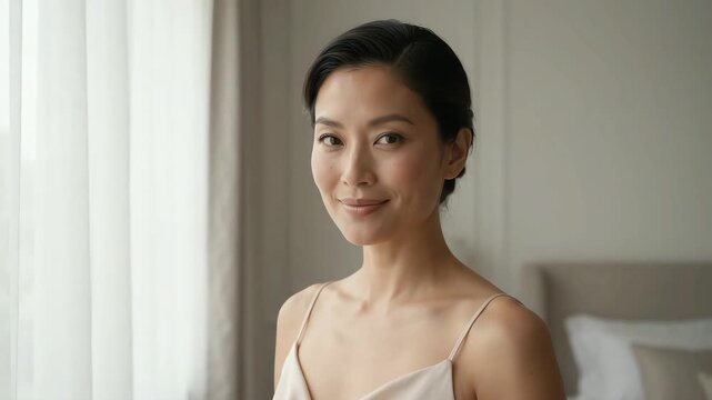 Serene Asian woman in silk camisole by bedroom window in soft natural light, looking out and turning to smile with elegant peaceful morning mood.