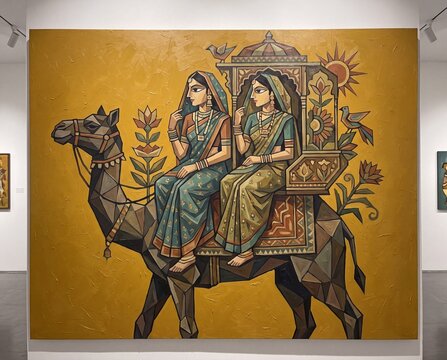 Colorful stylized folk art painting of two Indian women riding a decorated camel