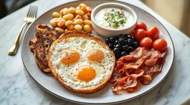 Hearty breakfast plate with three sunny-side-up eggs in toasted bread, crispy bacon, butter beans, black olives, cherry tomatoes and creamy herb dip, warm and inviting