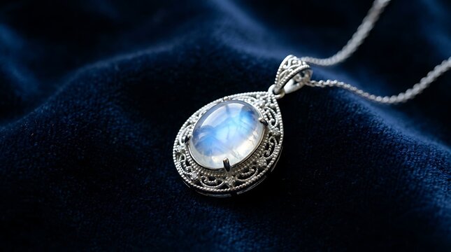 Moonstone pendant with filigree silver setting on dark blue velvet