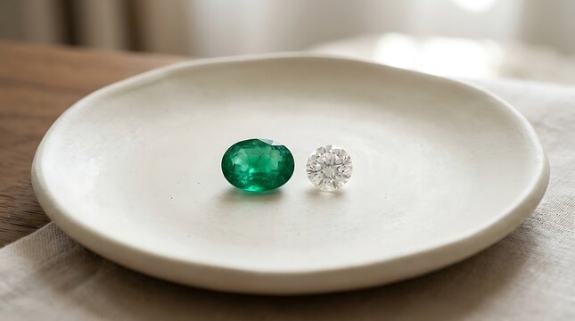 Oval cut emerald and round diamond on a ceramic plate