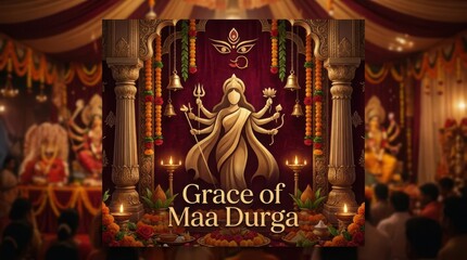 Fototapeta premium Grace of maa durga spiritual hindu festival celebration with festive decorations and traditional elements on a red background.