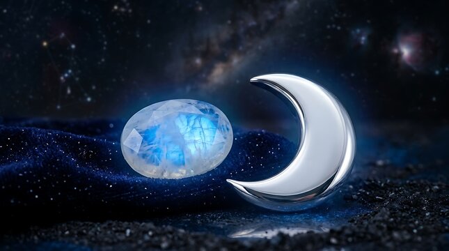 Oval moonstone gemstone beside a polished silver crescent moon shape