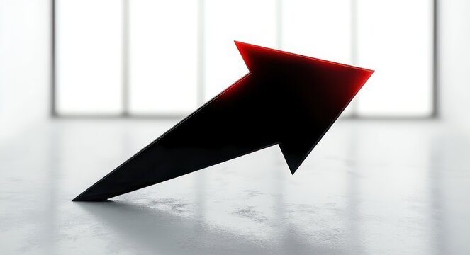 glossy black three-dimensional arrow with glowing red edge leaning upward on a reflective floor in a bright minimalist room, conveying momentum and ambition