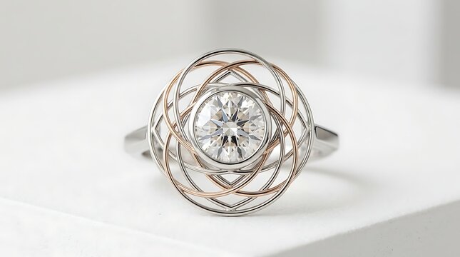 Round diamond ring with interlocking silver and rose gold circular wire frame