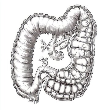 detailed monochrome anatomical illustration of the human large intestine showing colon segments, appendix and mesenteric vessels, clinical and educational with intricate texture