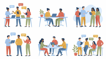Naklejka premium Diverse Business Teams Collaborating and Communicating in Flat Design