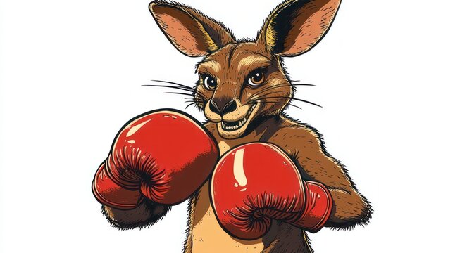 grinning brown kangaroo wearing red boxing gloves in a fighting stance on white background, confident and playful expression