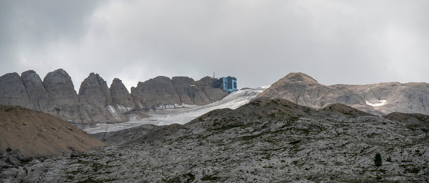 Marmolada glacier and Punta Rocca cable car station in Rocca Pietore, Dolomites, Italy