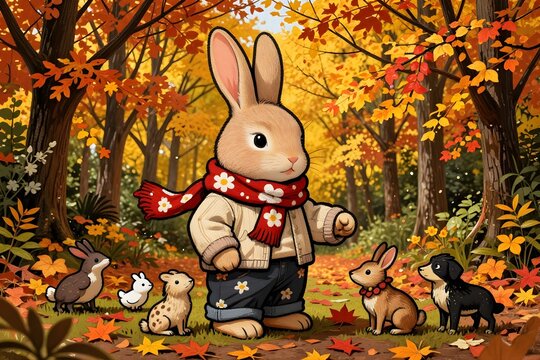 rabbit in clothes, rabbit in a scarf, gouache cartoon illustration, a cute rabbit, bunny in clothes, bunny in a scarf, collects autumn animals