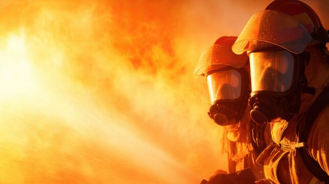 Two firefighters in full gear battle an intense blaze with powerful water sprays amid thick smoke and flames.