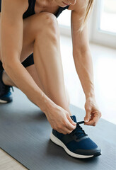 Fototapeta premium Fitness motivation and healthy lifestyle, woman tying shoelaces on running shoes before workout on yoga mat in bright home interior for daily exercise