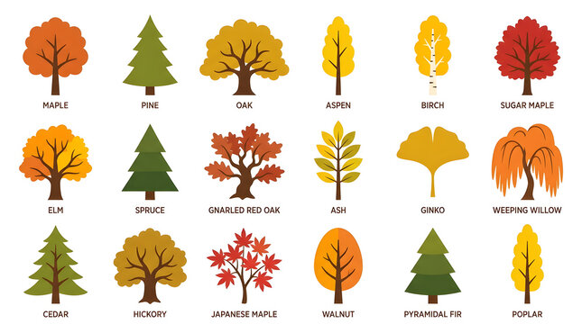Autumn Trees Collection: A vibrant collection of various deciduous and coniferous trees, showcasing their unique shapes and foliage in a spectrum of autumnal colors.