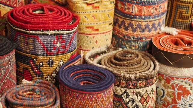 Colorful rugs stacked in a market setting