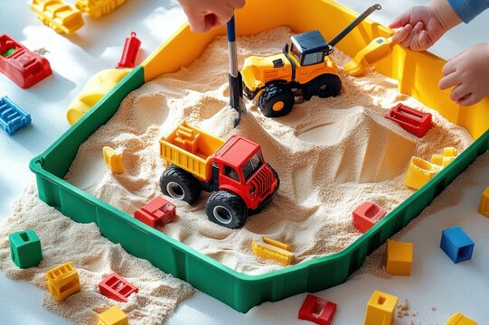 children's hands playing with a red toy dump truck and yellow loader in a green sandbox tray of sand with colorful building blocks scattered, bright playful scene