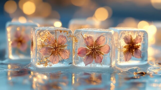 delicate pink flowers preserved in clear ice cubes with gold flakes on reflective surface warm bokeh lights serene dreamy mood