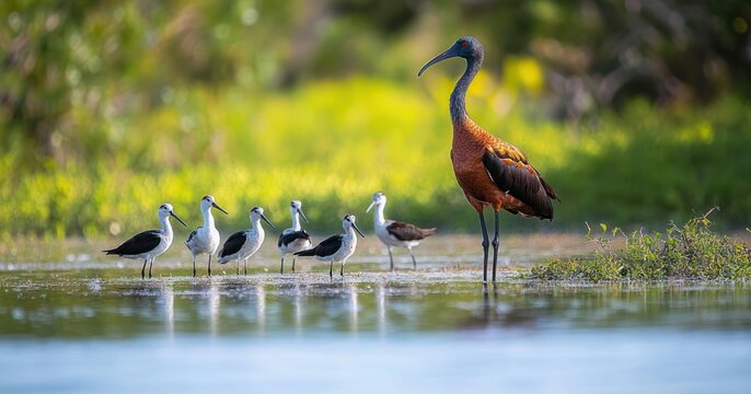 solitary chestnut ibis standing tall beside a row of black-and-white stilts in a sunlit shallow wetland, serene and watchful morning scene